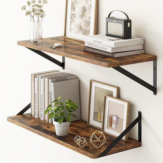 Fun Memories 27.5" W x10 D Floating Shelves, Large Wall Shelves 27.5 Inch Long, Set of 2, Farmhouse Wood Floating Shelf Wall Mounted, Deep Shelves for Bathroom, Living Room, Kitchen, Rustic Brown-Ruum Studio Home