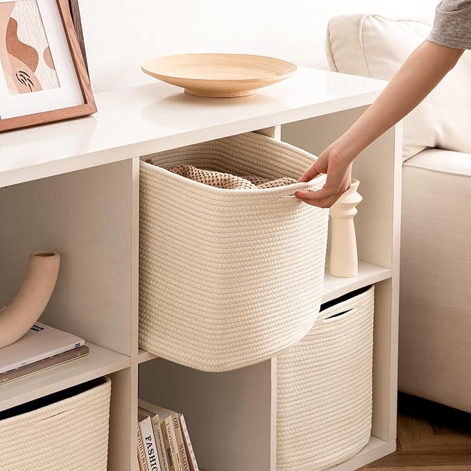 joybest Cube Storage Bins Set of 4, 13inch Cube Baskets Organizer for Nursery, Square Cotton Rope Baskets for Shelves Organizing, Kids Toy, Closet Storage, Beige-Ruum Studio Home
