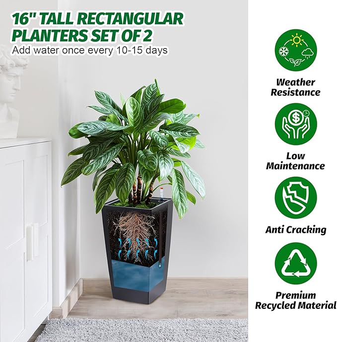 16" Tall Planters Set of 2, Outdoor＆Indoor Black Planter Pots, High Front Porch Planter Pots with Drainage Holes＆Water Level Monitor＆Inner Bucket, Automatic Watering,Black-Ruum Studio Home