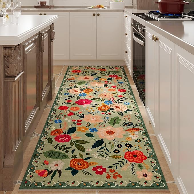 Runner Rug for Hallways Kitchen Rug Non Slip 2'x 6' Washable Rugs with Rubber Backing Soft Floral Carpet Runner for Hallways, Kitchen, Laundry, Bedroom, Bathroom(Green)-Ruum Studio Home