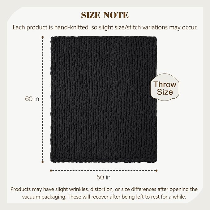 Carriediosa Chunky Knit Throw Blanket 50" X 60", 100% Hand Made Large Chenille Loop Yarn Soft Fluffy Throws for Couch Sofa Bed, Big Crochet Cozy Heavy Thick Cable Woven Blankets, Black-Ruum Studio Home