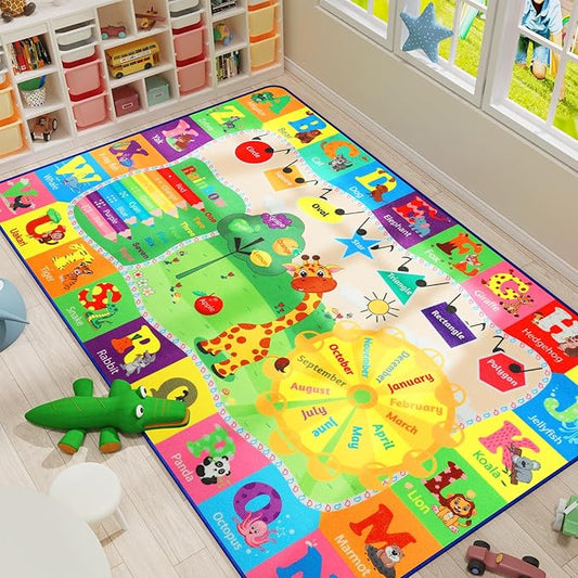 9x12 Washable Area Rug, Educational and Fun Kids Rug for Classroom Playroom Living Room Bedroom, Learning and Safe Playmat with ABC Alphabet Animals,Baby Toddler Children Play Mat-Ruum Studio Home