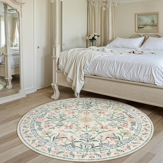 Wonnitar Floral Round Rugs 6ft, Boho Large Machine Washable Circle Rug, Low Pile Soft Flower Botanical Print Beige Round Carpet for Living Room Bedroom Dorm Sunroom-Ruum Studio Home