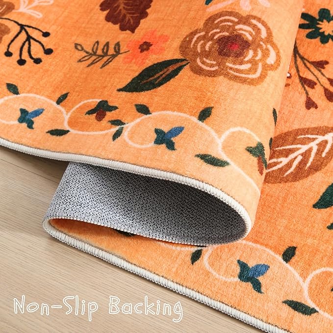 Bedroom Rug 3x5 Rug Washable Area Rug Non Slip Low Pile Boho Floral Small Carpet for Bedroom, Bedside, Kitchen, Entryway, Kids Room, Office, College Dorm Essentials for Girls(Yellow)-Ruum Studio Home