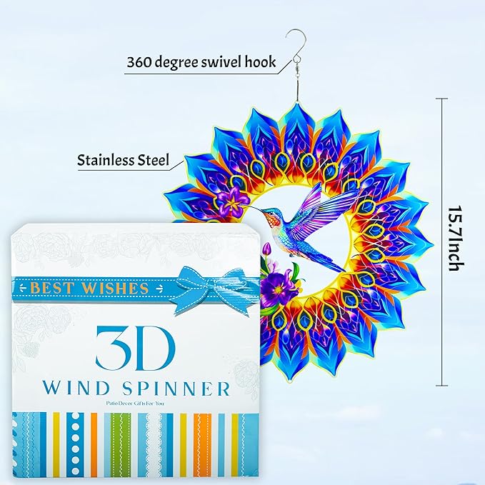Hummingbird Wind Spinner,Hanging Wind Spinners Outdoor for Garden Decoration，15.7 inch 3D Stainless Steel Wind Sculpture for Indoor/Outdoor Decor-Ruum Studio Home