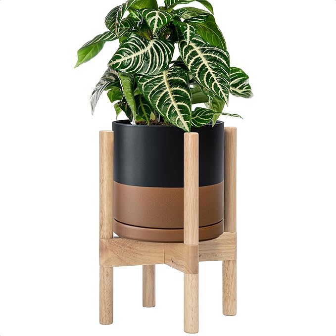 D'vine Dev Ceramic Planter with Natural Stand - 8 Inch Modern Round Flower Pot with Wood Planter Holder, Black/Speckled Tan, 55-B-N-7-Ruum Studio Home