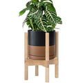 D'vine Dev Ceramic Planter with Natural Stand - 8 Inch Modern Round Flower Pot with Wood Planter Holder, Black/Speckled Tan, 55-B-N-7-Ruum Studio Home