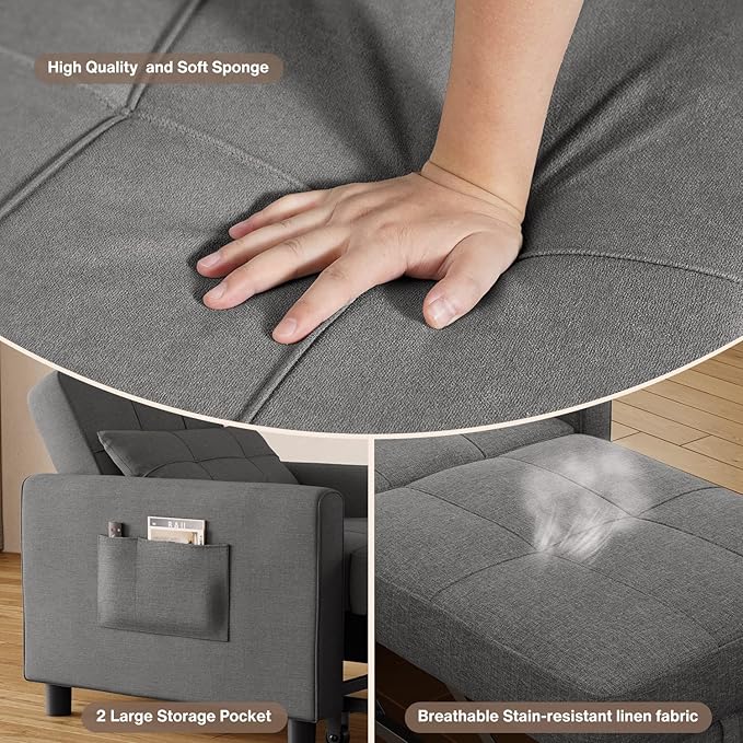 Noelse Convertible Futon Sofa Bed, 3-in-1 Multi-Functional Sleeper Chair Bed, Adjustable Backrest Recliner with Modern Linen Fabric for Living Room Bedroom Apartment Small Space, Dark Grey-Ruum Studio Home