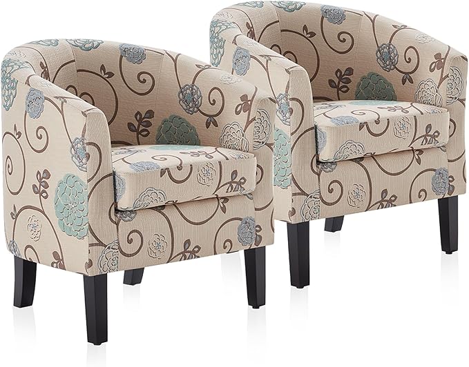 BELLEZE Living Room Chairs Set of 2, Linen Round Accent Barrel Chairs, Club Tub Sofa Chairs for Bedroom, Corner Chairs with Flared Legs and Cozy Soft Padding - Highland (Floral Print)-Ruum Studio Home