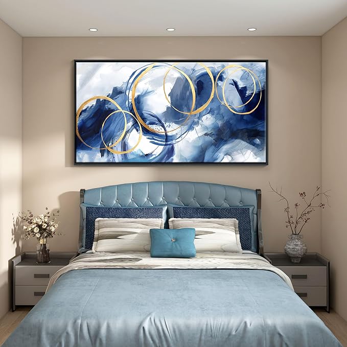 AJAZIKO Large Framed Canvas Wall Art Blue Abstract Wall Art Pictures for Living Room Bedroom Kitchen Office Decor 29x58 In Navy Gold Modern Paintings-Ruum Studio Home