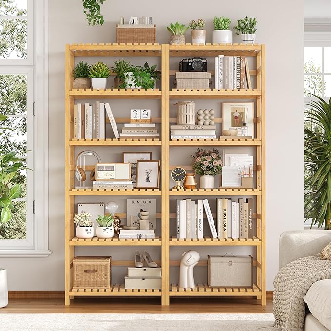 FOTOSOK 6-Tier Bamboo Shelf, Bamboo Bookcase with Adjustable Shelves, Free Standing Storage Shelf Unit, Plant Flower Stand for Kitchen, Bathroom, Home Office, Natural-Ruum Studio Home