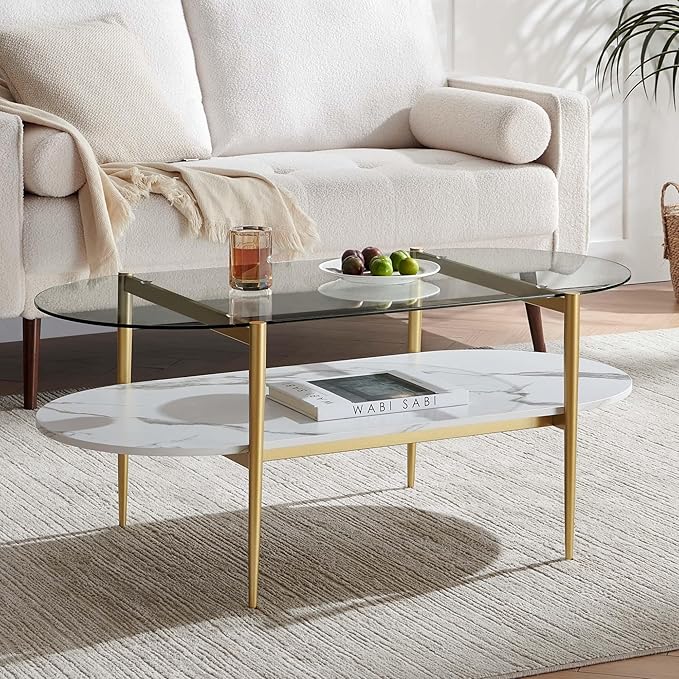 Oval Coffee Table, Mid-Century Modern Design, L41 x W21 x H17 inch, for Living Room, Clear Glass Top, White Marble Finish Wood Shelf & Gold Finish Frame-Ruum Studio Home