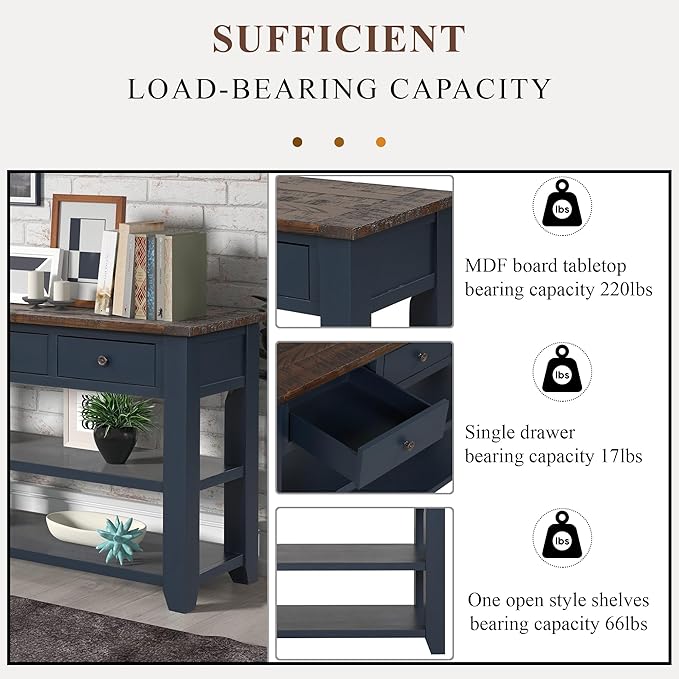 Solid Wood Console Table Sofa Table with Storage Drawers and Bottom Shelf Entryway Table for Entry Hallway Foyer Sofa Couch Table Fully Assembled (48.8" Blue)-Ruum Studio Home