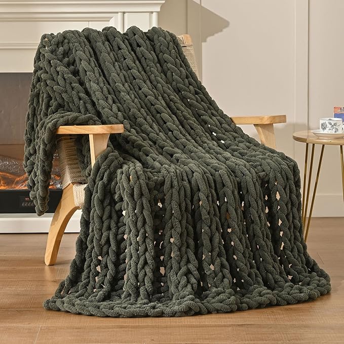 Esterra Chunky Knit Blanket Throw, 100% Handmade Chenille Throw Blanket 40"x50", Soft Thick Yarn Cable Knit Crochet Throw Blanket Rope Knot Throw for Couch Bed Sofa, Dusty Olive-Ruum Studio Home