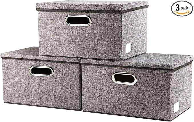 PRANDOM Storage Bins with Lids [3-Pack] Linen Fabric Foldable Storage Boxes Organizer Containers Baskets Cube with Cover for Home Bedroom Closet Office Nursery Grey（11.4X8.6X6.7-Ruum Studio Home