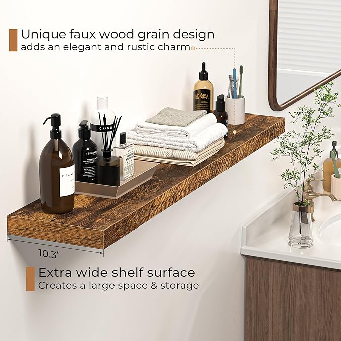 Floating Shelves - 10.23 Inch Deep Wall Shelf for Decor & Storage - Wall Mounted Display Shelving with Invisible Heavy-Duty Metal Bracket - 48" W x 10.23" D x 1.8" H - Set of 1 - Rustic Brown-Ruum Studio Home