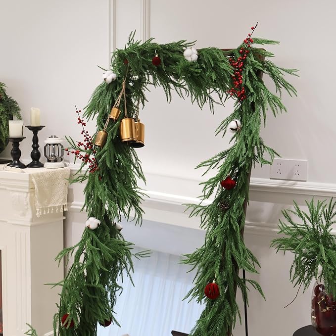 2PCS 9FT Christmas Garland Norfolk Pine Garland Real Touch Artificial Greenery Garland for Mantle Fireplace Table Indoor Outdoor Decor (Full)-Ruum Studio Home