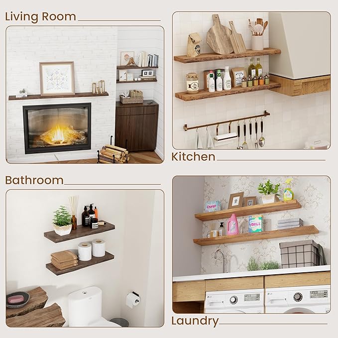 Floating Shelves for Wall Decor, Rustic Solid Elm Wood Live Edge Floating Shelves Wall Mounted, Wall Shelves with Invisible Bracket for Living Room Bathroom Bedroom Kitchen, 55 Inch, Walnut-Ruum Studio Home