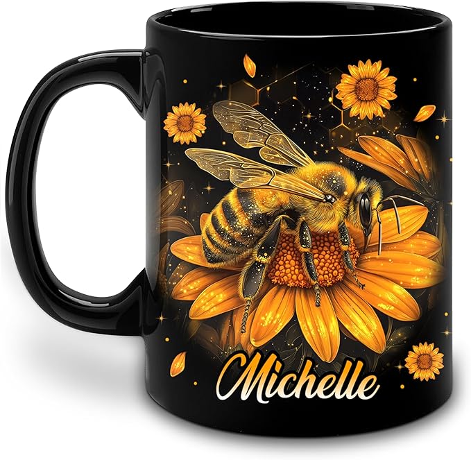 Hyturtle Personalized Sunflower Bee Mug - Bee Keeper Gifts For Women Lovers Teacher - Honey Gifts For Beekeeper Farmer On Birthday - Queen Honeycomb Decor - Custom Coffee Cup Ceramic Mug 11 Oz 15 Oz-Ruum Studio Home