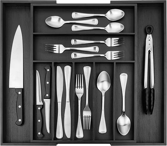 Purawood Bamboo Drawer Organizer - Expandable Silverware Organizer & Utensil Organizer, Cutlery Tray with Dividers, 7-9 Slots - Premium Kitchen Drawer Organizer for Utensils & Flatware (Black)-Ruum Studio Home