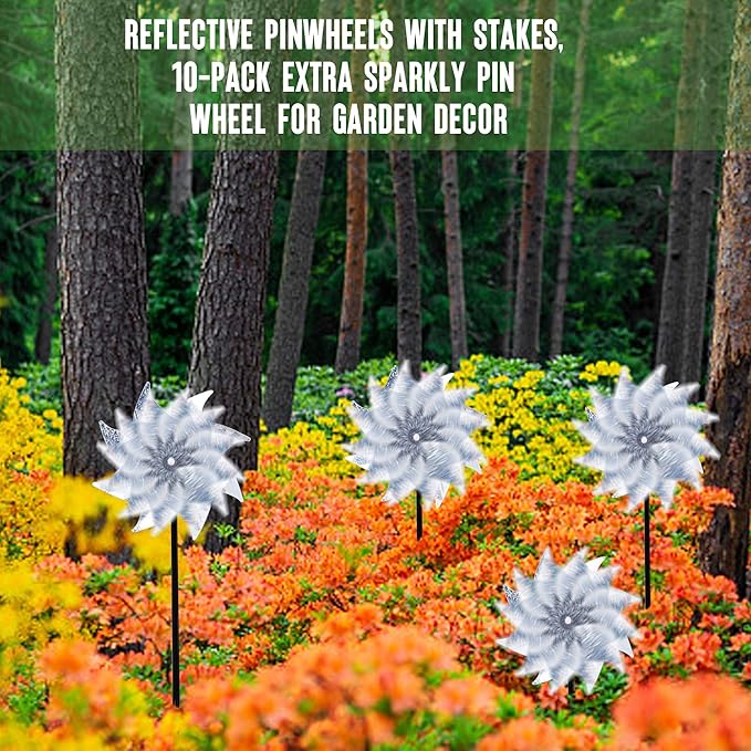 Hausse 10 Pack Reflective Pinwheels with Stakes (Assembly Required), Extra Sparkly Pin Wheel for Garden Decor, Bird Repellent Devices Deterrent to Scare Birds Away from Yard Patio Farm-Ruum Studio Home