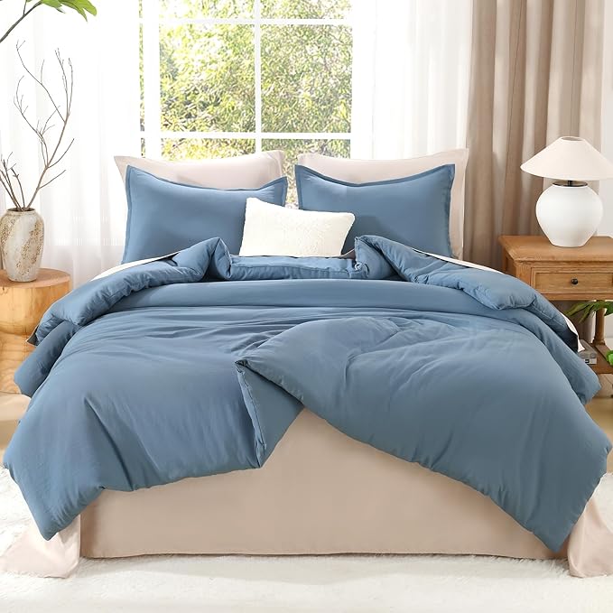 Litanika Comforters Grayish Blue Oversized Queen Size, 3 Pieces Lightweight Solid Bedding Comforter Set, All Season Fluffy Bed Set (98x98In Comforter & 2 Pillowcases)-Ruum Studio Home