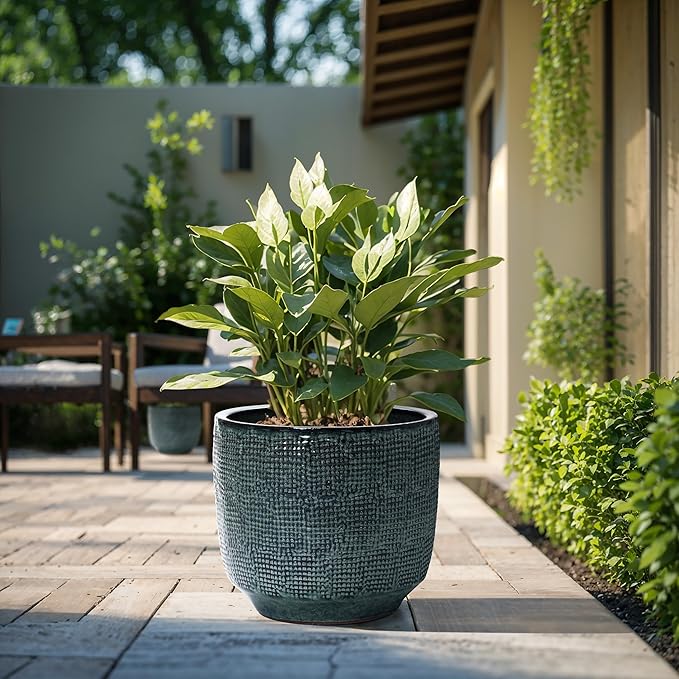 LuxenHome 15.5" Dia Large Ceramic Pots for Plants, Modern Green Glazed Planters for Outdoor Plants, Round Indoor Flower Pots with Drainage Hole and Rubber Plug for Home Garden Patio-Ruum Studio Home