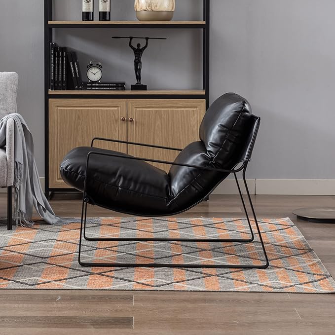 DUOMAY Mid-Century Accent Chair Armchair, Comfy PU Leather Leisure Chair Lazy Chair with Metal Leg for Living Room Bedroom Office Apartment, Black-Ruum Studio Home