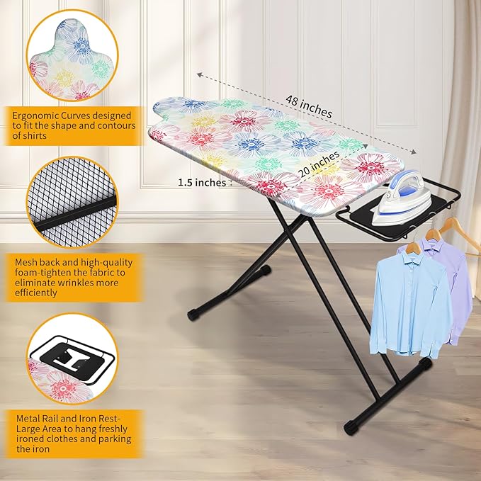 Extra Large Ironing Board with Hang Rail and Iron Rest 63" L x 20" W (Large with Iron Rest (Floral Cover))-Ruum Studio Home