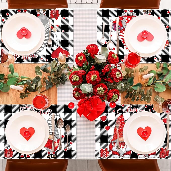 Valentine's Day Placemats Set of 6 Gnomes Plastic Table Mats Buffalo Plaid Place Mats Washable Vinyl Love Hearts Table Decoration for Anniversary Wedding Party Kitchen Dining Table-Ruum Studio Home