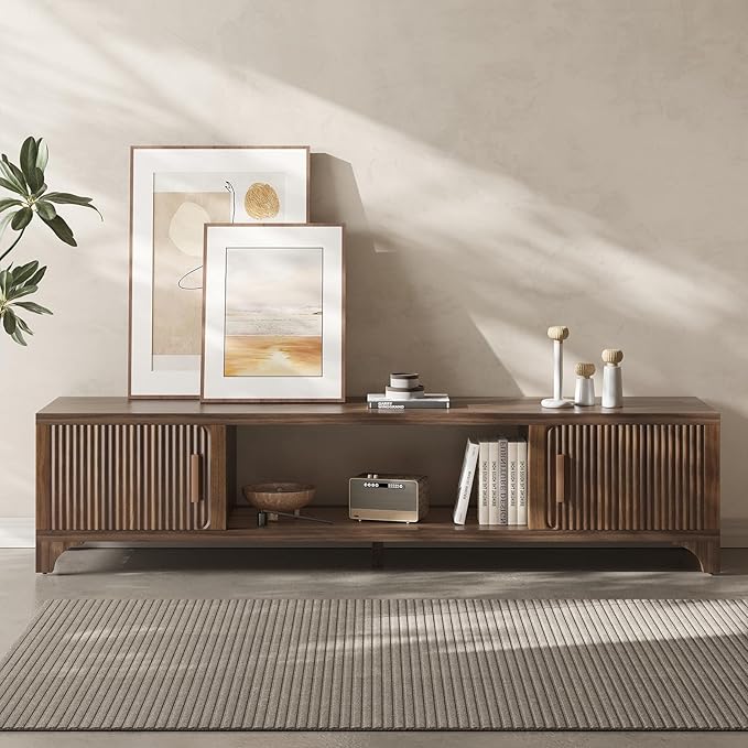 Mid Century Modern TV Stand for 70/75 Inches Television, TV Console with Fluted Doors and Storage, Entertainment Center for Living Room and Bedroom, Dark Brown-Ruum Studio Home