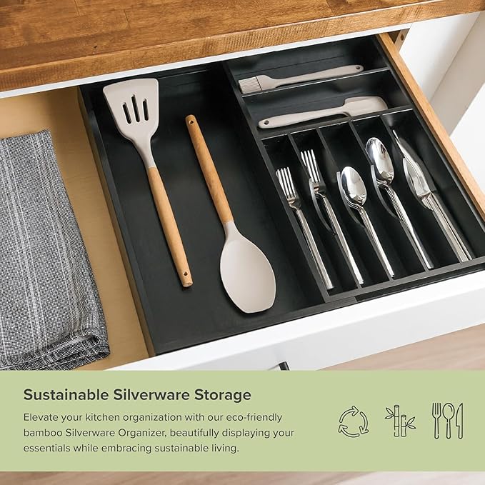 Premium Silverware, Flatware and Utensil Organizer for Kitchen Drawers, Food-Safe Contract Grade, Expandable from 10.5 to 19 In, Black Bamboo-Ruum Studio Home