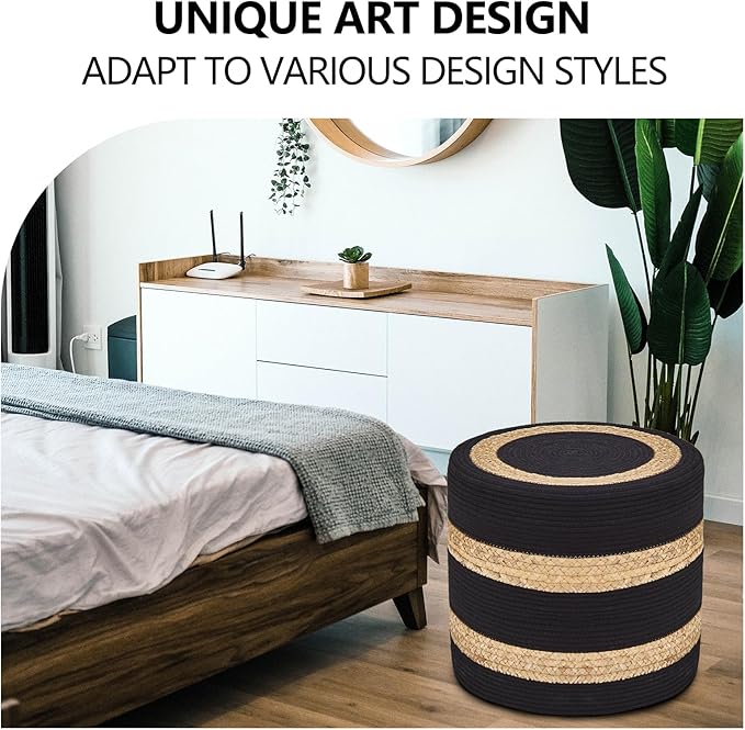 Wimarsbon 18'' Ottoman Pouf, Natural Braided Poof, Rustic Handweave Lounge Pouffe, Boho Footrest Stool for Bedroom, Accent Table or Seat for Living Room (Natural Water Hyacinth + Black Cotton Rope)-Ruum Studio Home