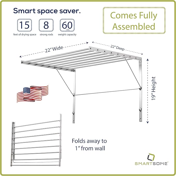 Smartsome | Wall Mounted | Clothes Drying Rack| 22" Wide |15 Linear Feet Capacity | 8 Smooth Round Stainless Steel Rods | 60 lb Capacity | Fully Assembled | Compact Sturdy Space-Saving Design-Ruum Studio Home