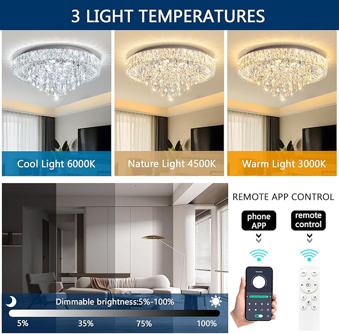 23.6'' Modern Crystal Chandeliers LED Dimmable Flush Mount Ceiling Chandeliers for Living Room Entrance Foyer Bedroom Silver-Ruum Studio Home