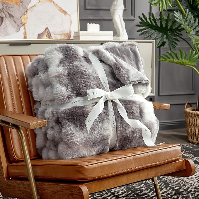 Cozy Bliss Faux Fur Throw Blanket for Couch, Fuzzy Soft Plush Thick Bubble Blanket for Sofa Bedroom Living Room, 108 * 90 Inches Tie Dye Taupe-Ruum Studio Home