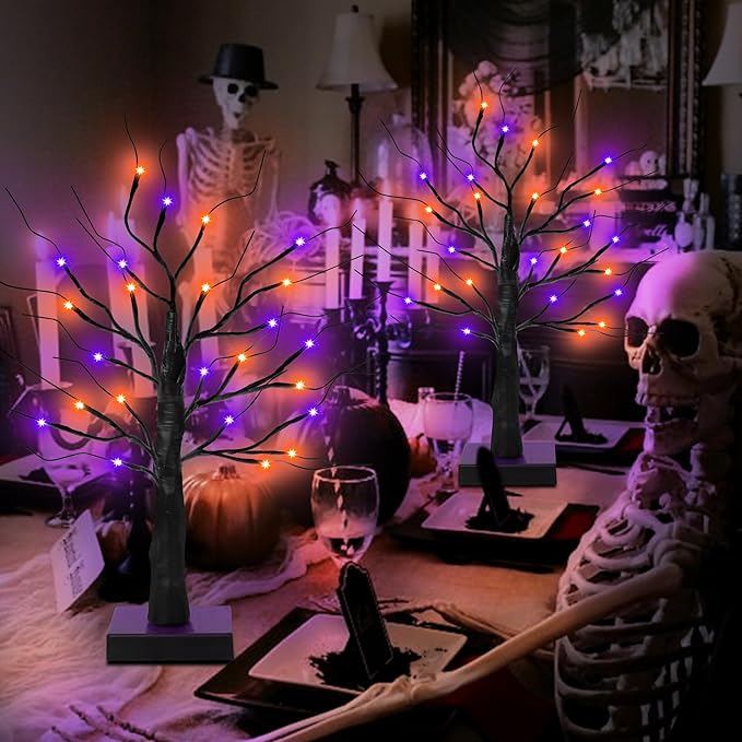 [Timer] 2 Pack 24 Inch Black Halloween Tree with Orange Purple Lights, USB/Battery Operated Light Up Halloween Table Decorations, Spooky Halloween Decorations Indoor Home Mantle Room Party Decor-Ruum Studio Home