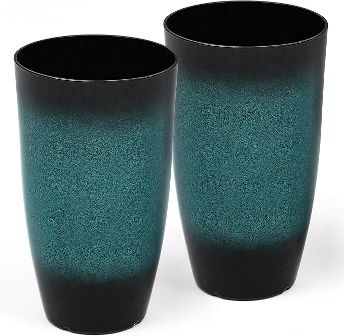 Tall Outdoor Planters, Set of 2 Large Flower Pots for Outdoor Plants, with Gradient Turquoise Finish, Weather-Resistant for Porch, Garden, Patio-Ruum Studio Home