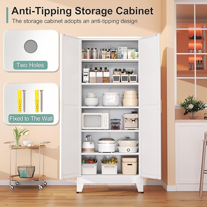 Metal Pantry Cabinet with 2 Doors and 5 Adjustable Shelves, 75" Kitchen Storage cabinets with Gold Handles, Versatile Storage for Laundry Room, Living Room, Bathroom, Dinning Room, Utility Room-White-Ruum Studio Home