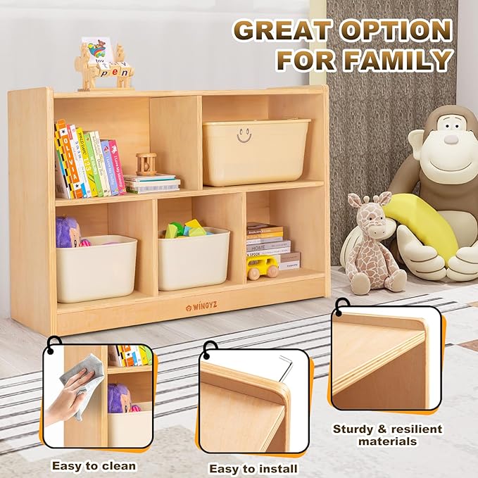 wingyz Wood Storage Shelf Organizer, 35.4" L, 5-Section Montessori Kids Toy & Book Shelf, Wooden Cabinet for Kids Rooms, Playroom, Classroom, Nursery, Preschool Furniture - Nature-Ruum Studio Home