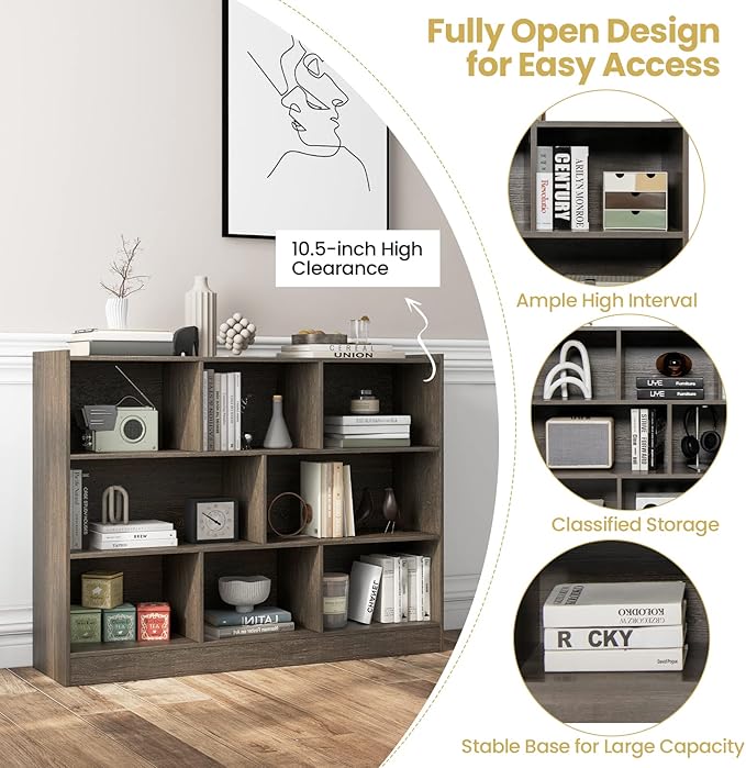 Tangkula 8-Cube Bookcase, Wood 3 Tier Open Storage Bookshelf, Modern Multipurpose Display Cabinet for Living Room, Study, Reading Nook, 48 x 12.5 x 36.5 Inch, Grey-Ruum Studio Home
