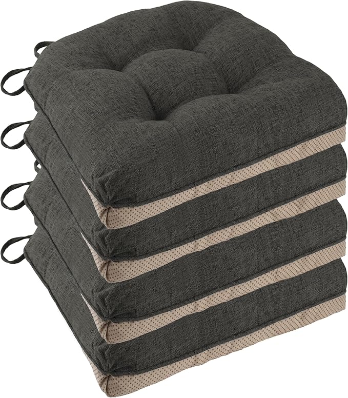 Non Slip Chair Cushions for Dining Chairs Set of 4 Kitchen Chair Cushions 18"x18"x3" Turfted Chair Pads Comfortable and Soft Seat Cushion with Ties, Dark Grey-Ruum Studio Home