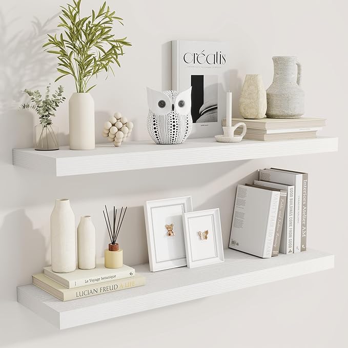 36 Inch Floating Shelves, 9.3 Inch Deep Rustic Wall Shelves - Extra Deeper Wall Mounted Storage Shelves for Bathroom, Kitchen, Living Room (White, Set of 2)-Ruum Studio Home