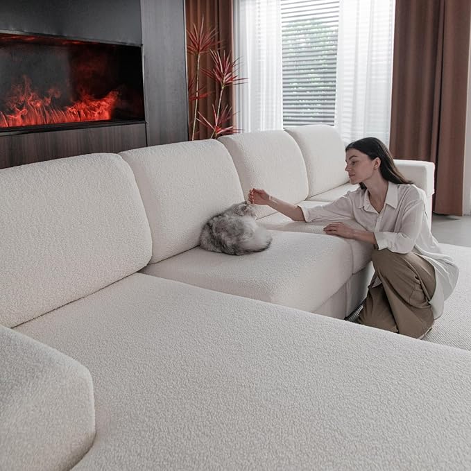 Couch Cushion Covers for Sectional Sofa, Stretch Soft Sofa Slipcovers Washable Wear-Resistant Universal Furniture Protector for Living Room(1 Piece Chaise Cover, Ivory)-Ruum Studio Home