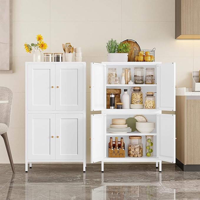 White Storage Cabinet with 4 Doors and 2 Adjustable Shelves,Narrow Food Pantry Cabinet with Leg,24 inch Wide Bathroom Cabinets,Small Metal Storage Cabinets for Home Kitchen,Dining/Living/Laundry/Room-Ruum Studio Home