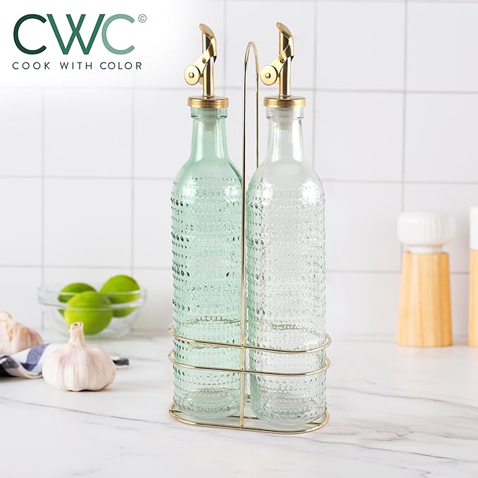 COOK WITH COLOR Glass Olive Oil Bottle Dispenser - 2 Pack- 17oz Oil and Vinegar Cruet - Olive Oil Carafe Decanter for Kitchen-Ruum Studio Home