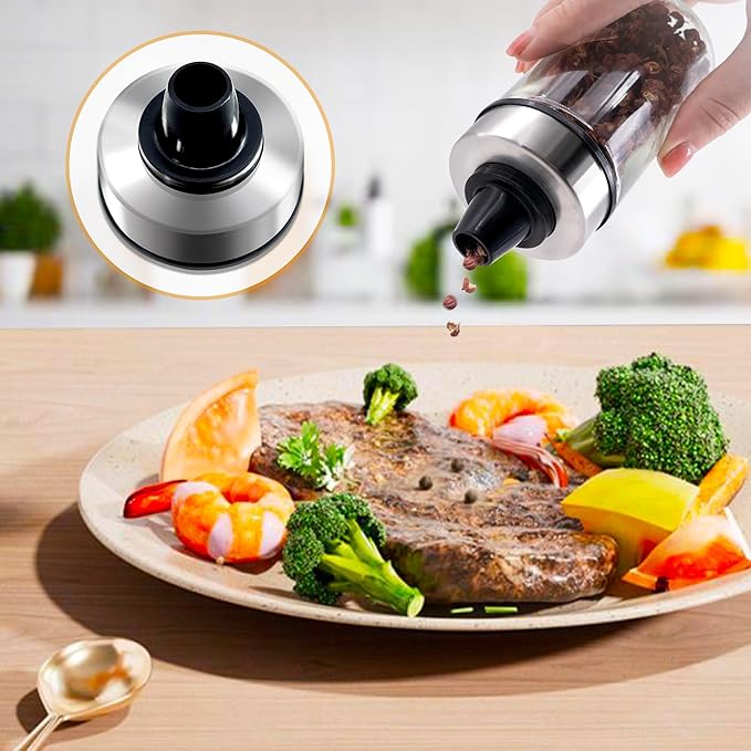 Mlici Oil and Vinegar Dispenser Set of 6 Bottles, Stainless Steel Salt Pepper Holder with 360° Rotating Holder, Cruet Soy Sauce - Premium Glass Condiment for Kitchen, Tabletop, Kitchen Containers-Ruum Studio Home
