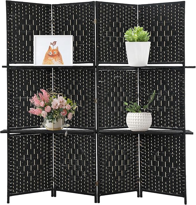 Room divider 4 panel Room Screen Divider Wooden Screen Folding Portable Partition Screen Wood with Removable Storage Shelves Color,Black-Ruum Studio Home