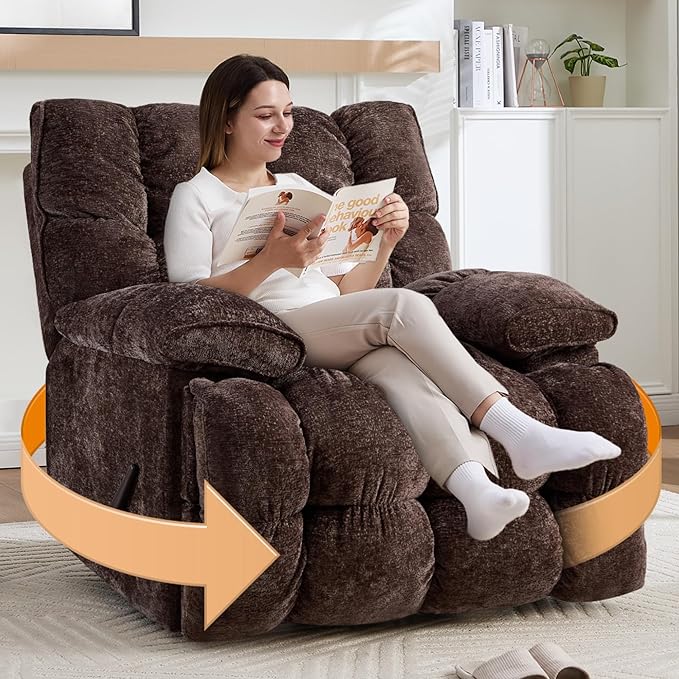 Oversized Recliner Chair Manual Swivel Rocker Recliner for Living Room Chenille Overstuffed Nursery Reclining Sofa Chair Rocking Recliners for Adults 400lbs (Manual, Brown)-Ruum Studio Home