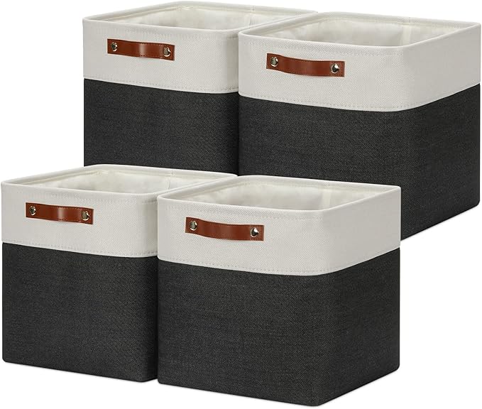 DULLEMELO Set Of 4 Cube Storage Bins, Fabric Storage Basket for Shelves Closet Nursery Toy Storage, 12 Inch Collapsible Fabric Bins for Toy Book Magazine Towel Organizers(4 Pack - 12" White&Black)-Ruum Studio Home
